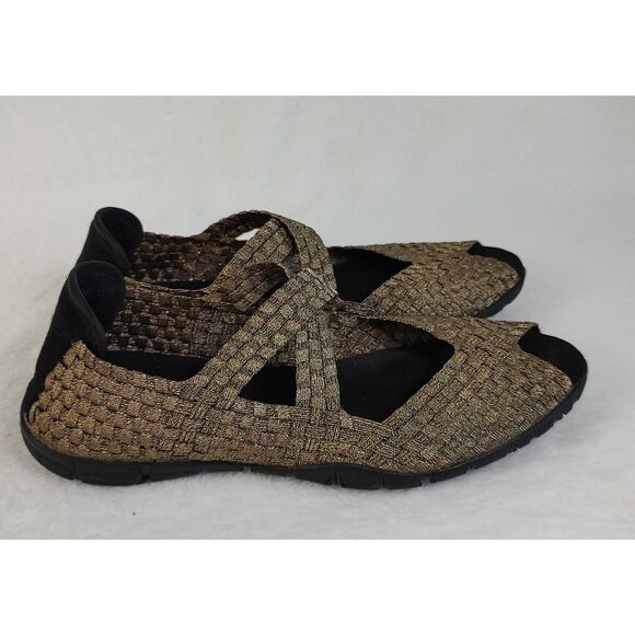 Corkys Forest 9 Gold Stretch Woven Peep Toe Cross Straps Mary Jane Sandals Flats - Picture 4 of 8